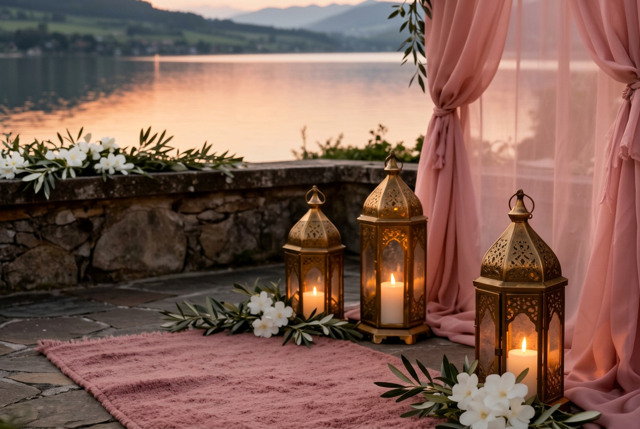 Ambiance du mariage, patio méditerranéen aux lanternes